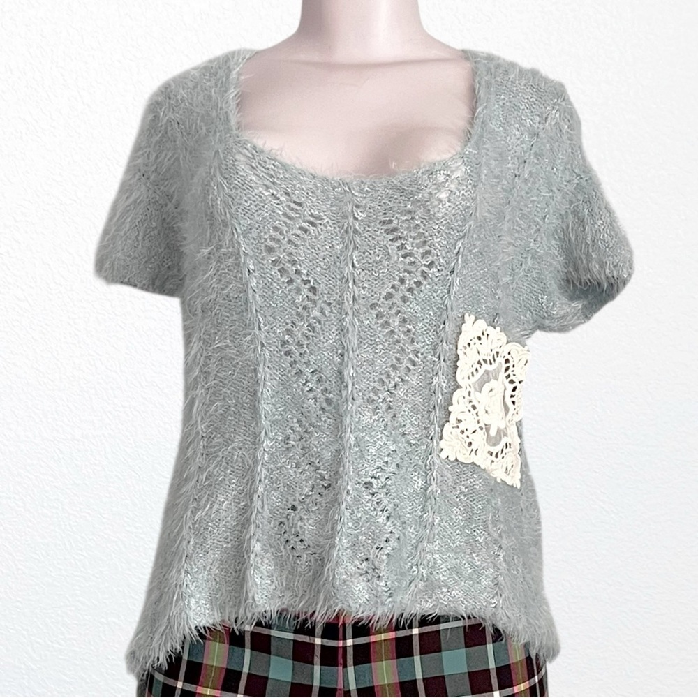 🛍️ bag 3 for 30! Fuzzy Eyelash Pointelle Knit Short Sleeve Sweater Light Teal SZ